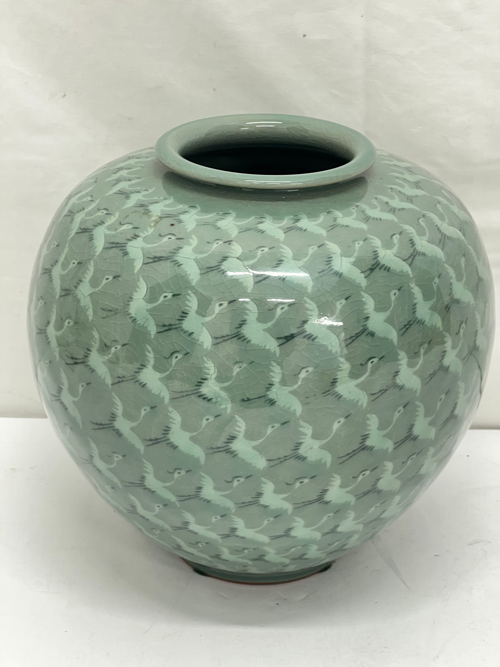 Signed Celadon Thousand Cranes Vase 8'' x 9'': Signed Celadon Thousand Cranes Vase 8'' x 9''