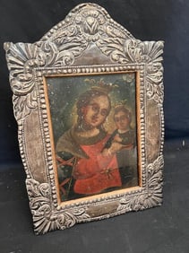 Mexico Retablo in 900 Silver Raised Frame Madonna & Child