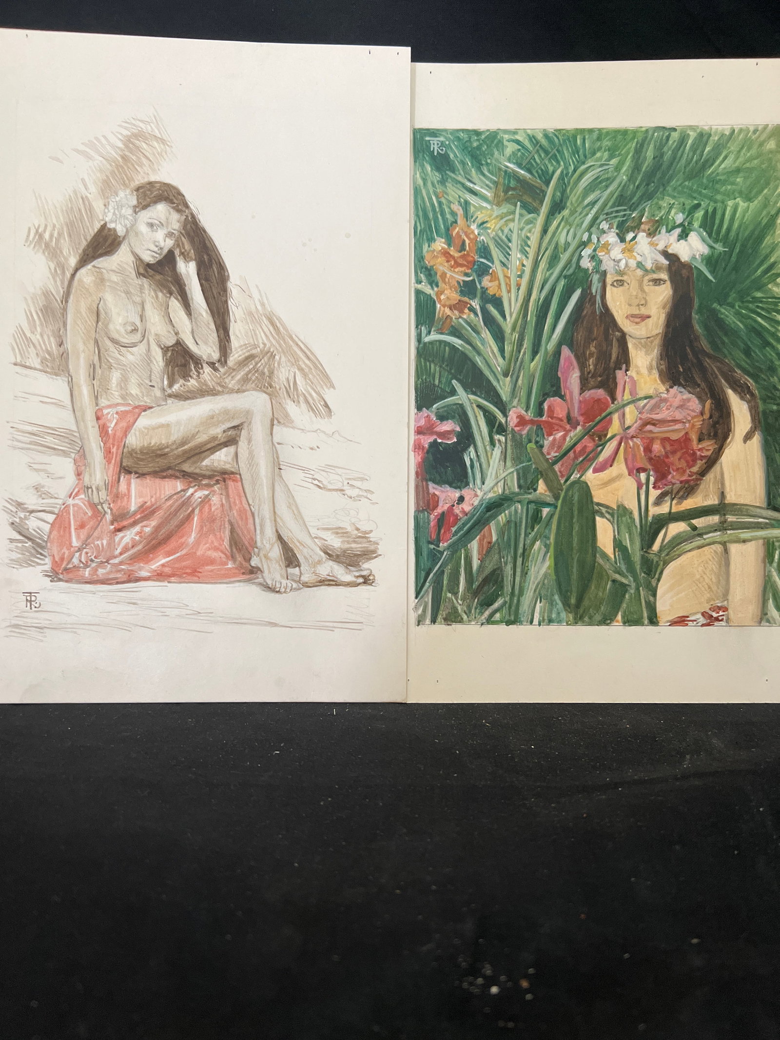 2-Russell Tripp (1924-2025) Signed Tahitian Hawaiian Portraits: Both on card stock. Watercolor, oil Mixed media Art by California Artist. Each Measures 7" x 11"