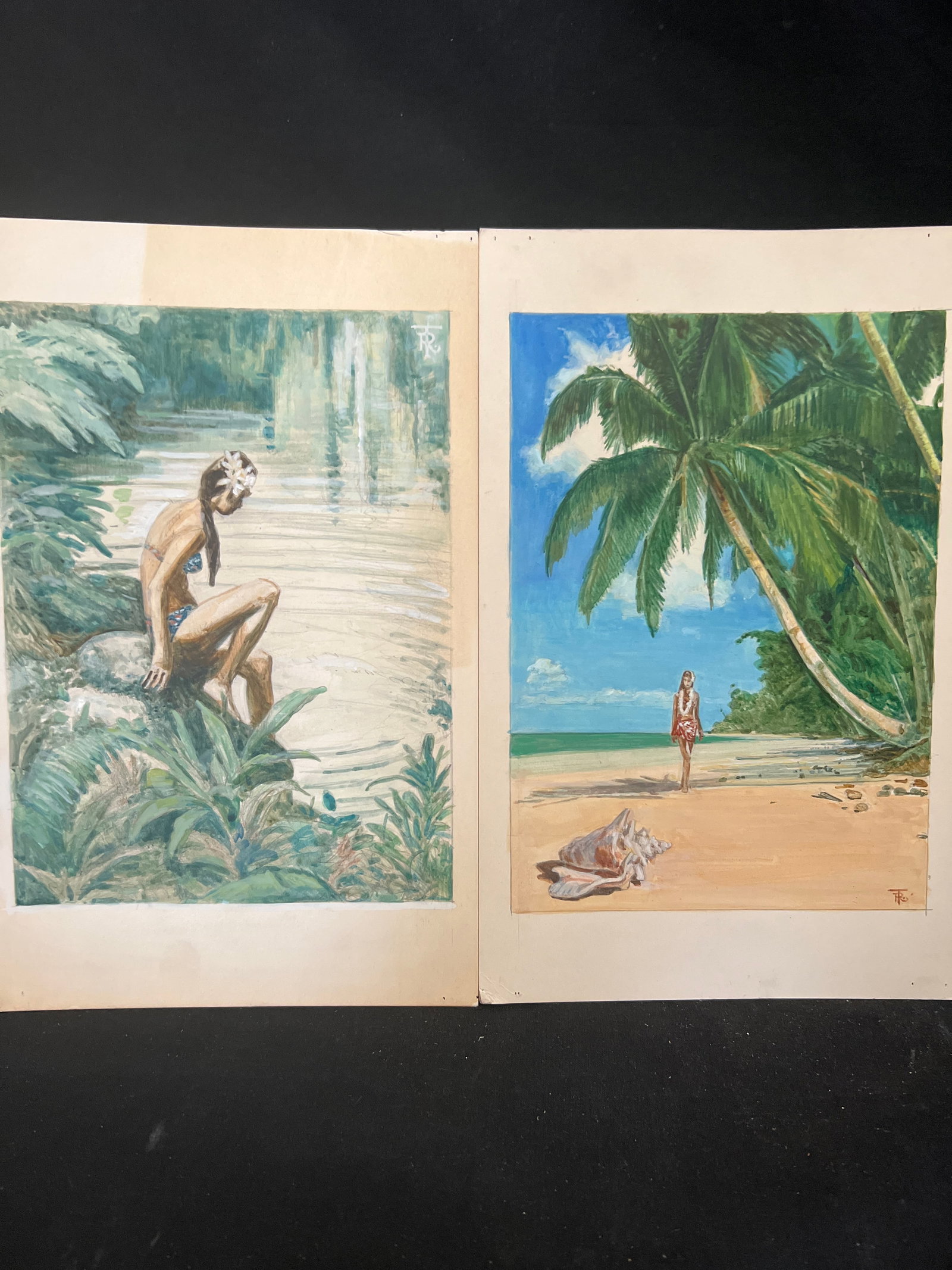 2-Russell Tripp (1924-2025) Signed Hawaiian Tahitian Original Art: Mixed media Art on card stock by California Artist Russell Tripp. Original drawing, watercolor, oil. 7” x 11”.