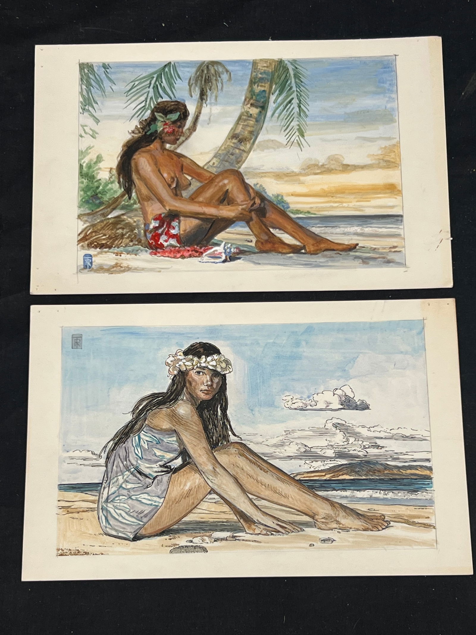 (2)Signed Russell Tripp(1924-2025)Original Hawaiian Girl Art- CA Artist Art on Card Stock- Mixed: (2)Signed Russell Tripp(1924-2025)Original Hawaiian Girl Art- CA Artist Art on Card Stock- Mixed Media Pencil with Watercolor 7'' x 11''