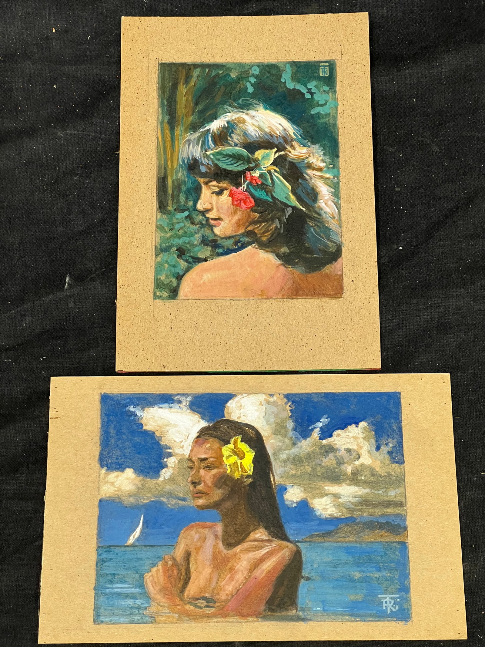 (2)Russell Tripp Original Hawaiian Lady Portraits - Watercolors with Oil on Cardboard 6'' x 9'': (2)Russell Tripp Original Hawaiian Lady Portraits - Watercolors with Oil on Cardboard 6'' x 9''