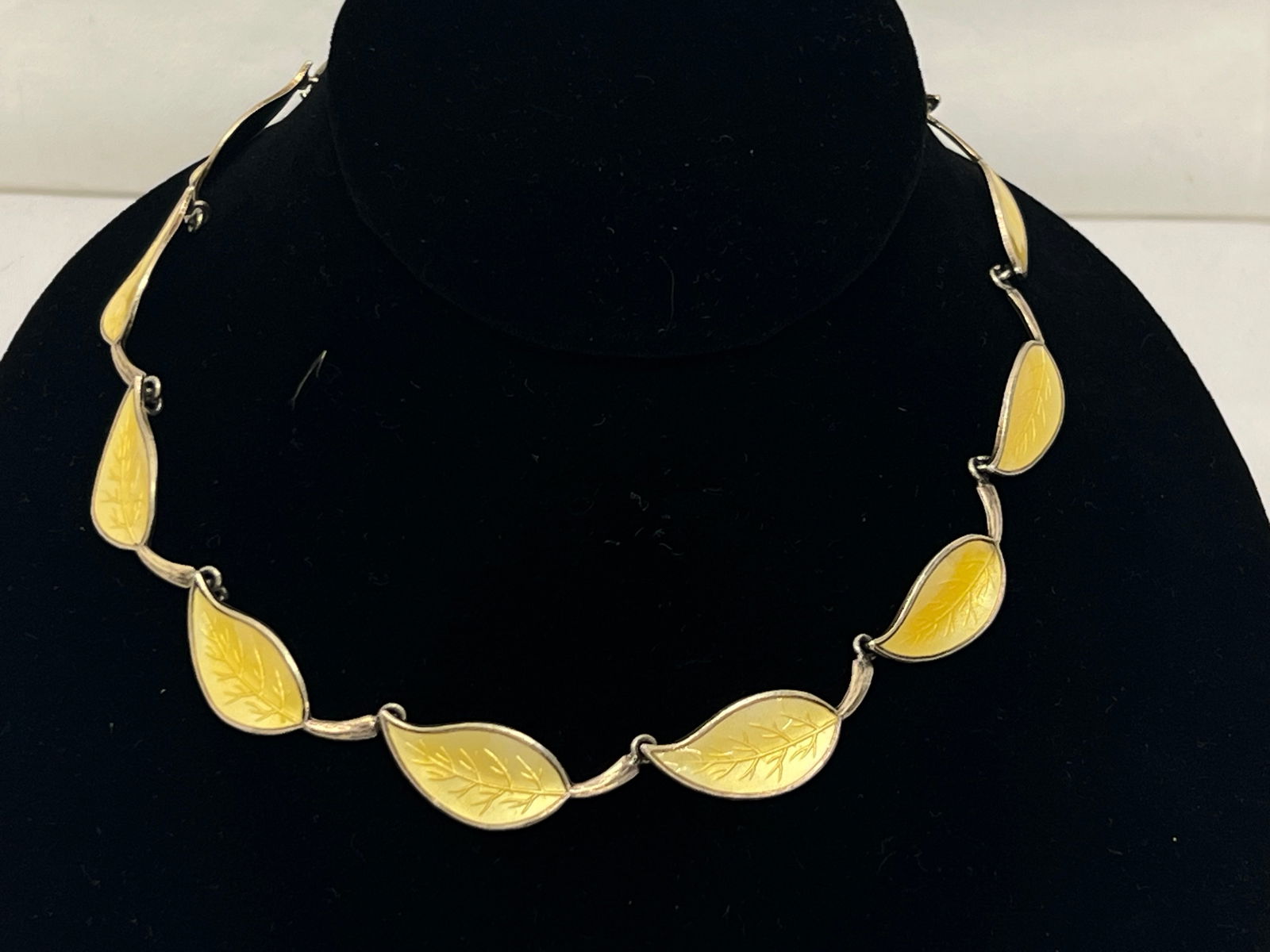 Vintage Meka Denmark Sterling Enamel Leaf Necklace - Vintage Denmark Yellow Guilloche Enamel Leaf: Vintage Meka Denmark Sterling Enamel Leaf Necklace - Vintage Denmark Yellow Guilloche Enamel Leaf Necklace in Sterling 15''L , TW 31.18g