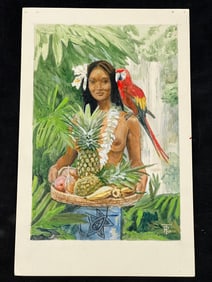 Russell Tripp Signed Tahitian Hawaiian Portrait -  Mixed Media Original Art from CA Artist