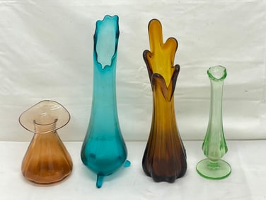 (4)Vintage Swung Vases, 1 is Uranium Vaseline Glass - Blue & Amber 11''T, Uranium Vaseline 7.5''T &