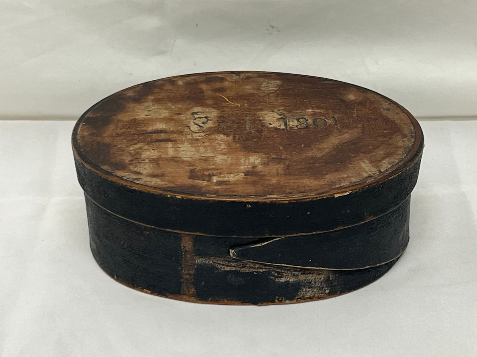 1801 Black Painted Shaker Box 5.25'' x 7'' x 2.5'' - Oval Shaped with ''1801'' Etched on Lid (1 of 5)