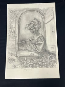 Russell Tripp(1924-2025)Signed Original Compositional Art - 1983 Signed Art ''Lady with a Flute'' on