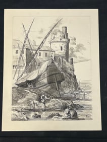 Russell Tripp(1924-2025)Original Compositional Dry Dock Ship Art-  Signed Lower Right on Cardstock