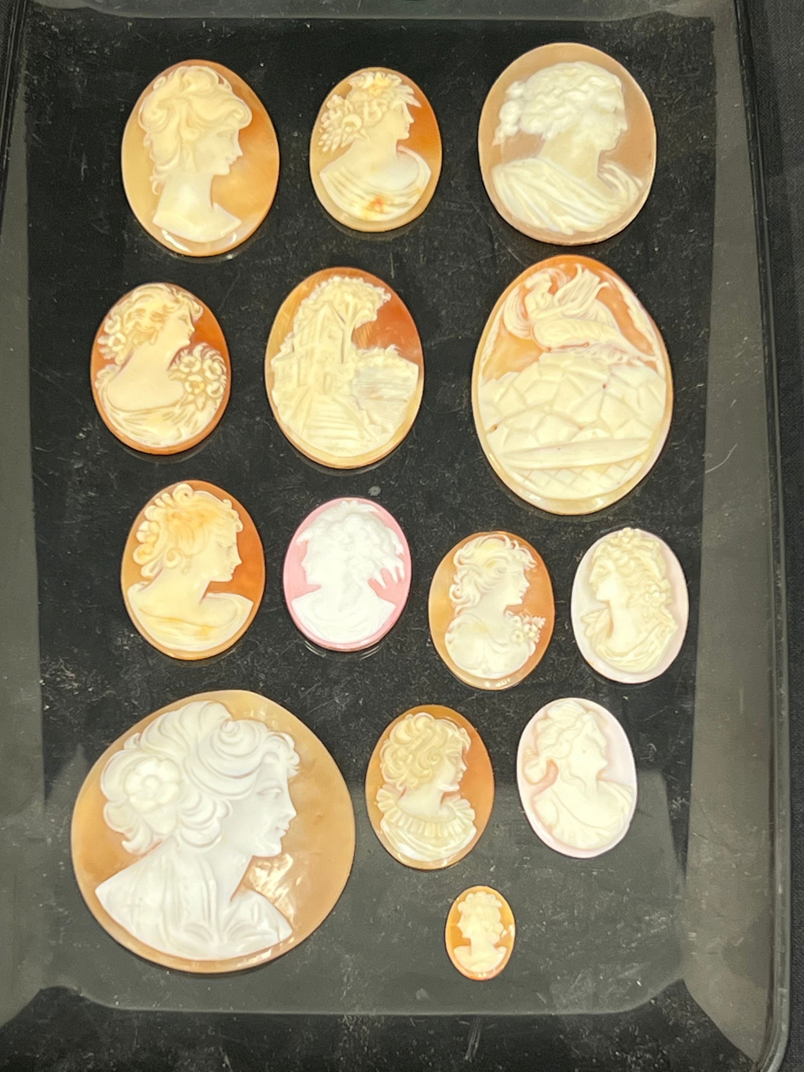 (14)Antique Cameo Shells .5'' to 2'', Asst Carvings: (14)Antique Cameo Shells .5'' to 2'', Asst Carvings
