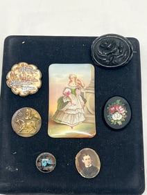 Victorian & Vintage Brooches, Button, Photo - Victorian Mouring Pin/ Brooch, Handpainted Floral