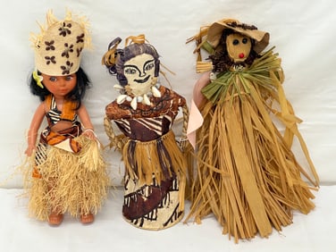 (3)Vintage Hawaiian Dolls - Hula - Maui Girl - Sweet Maria Made of Natural Fibers to Stake a Plant