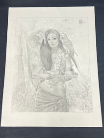 Russell Tripp(1924-2025)Compositional Hawaiian/ Tahiti Portrait - Signed Original Drawing 17'' x