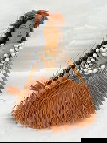 Vintage Tahitian Hula Doll - Natural Fibers, Handpainted Face, Shell Necklace, Grass Hair & Cloth