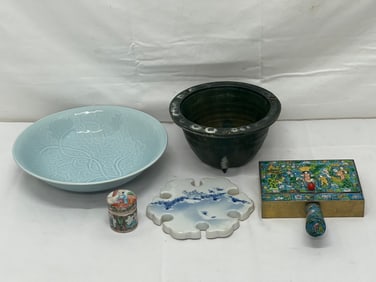 Antique Chinese Items-Qingbai Rose Medallian, More -  Atq Chinese Polychrome Crumb Catcher, Rose