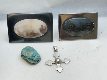Silver Framed Agate, Sterling Pendant, Scarab - (2)Framed Silver Agate (Tested Silver) 1.75'' x