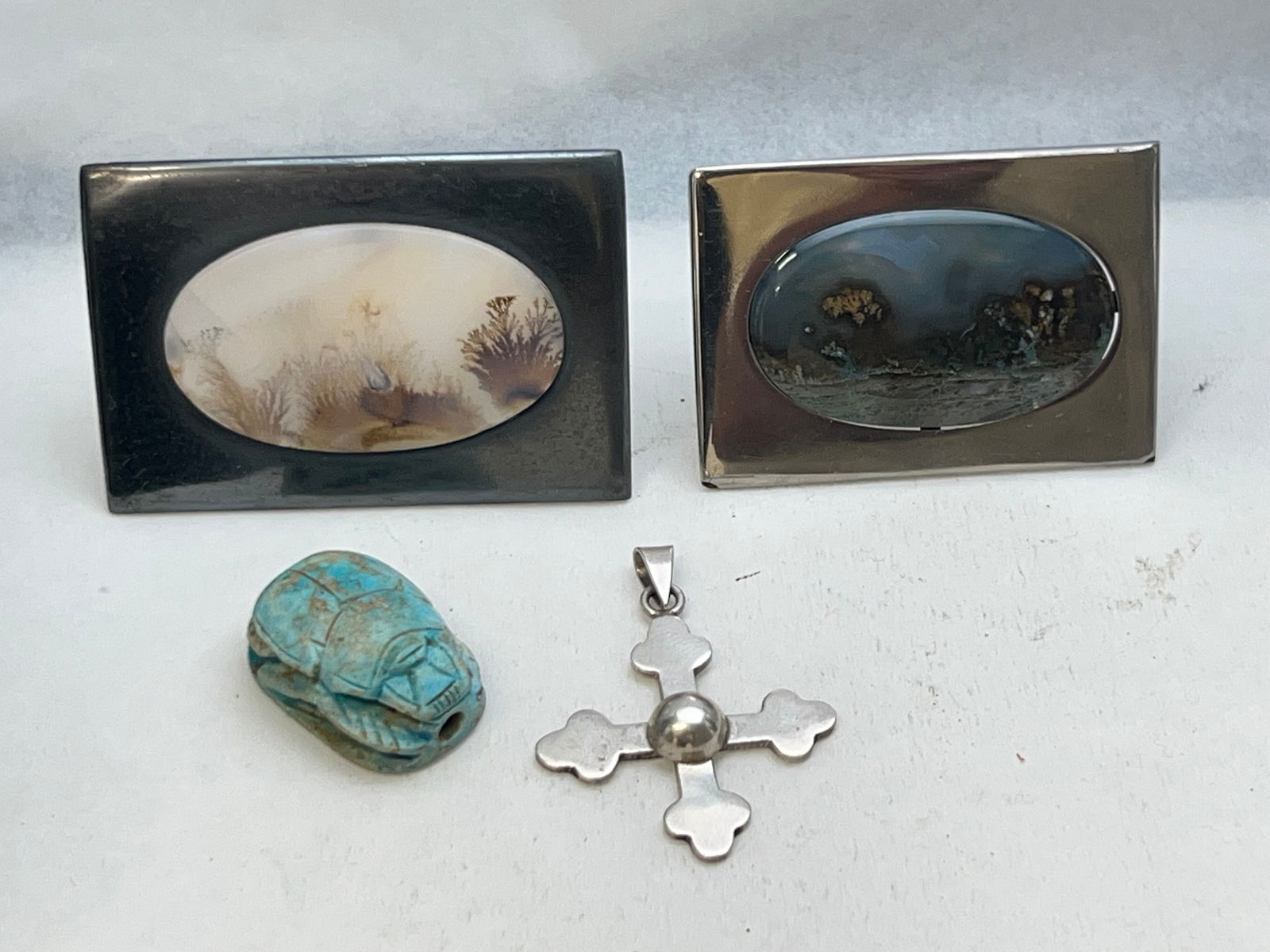 Silver Framed Agate, Sterling Pendant, Scarab - (2)Framed Silver Agate (Tested Silver) 1.75'' x (1 of 6)