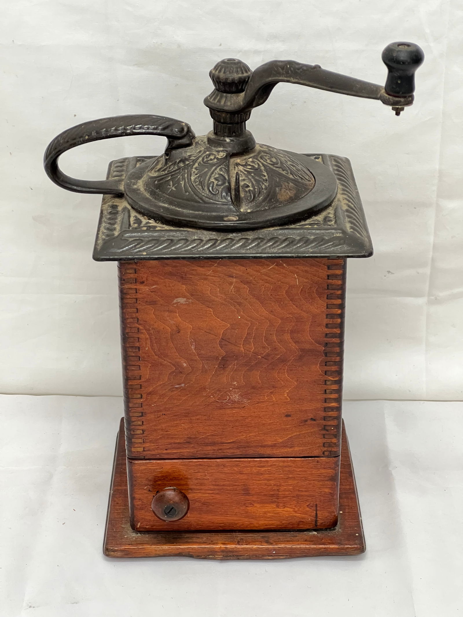 Antique Coffee Grinder Dovetail Wood - Base 6'' x 6.5'' , Overall 13''T with Handle (1 of 4)
