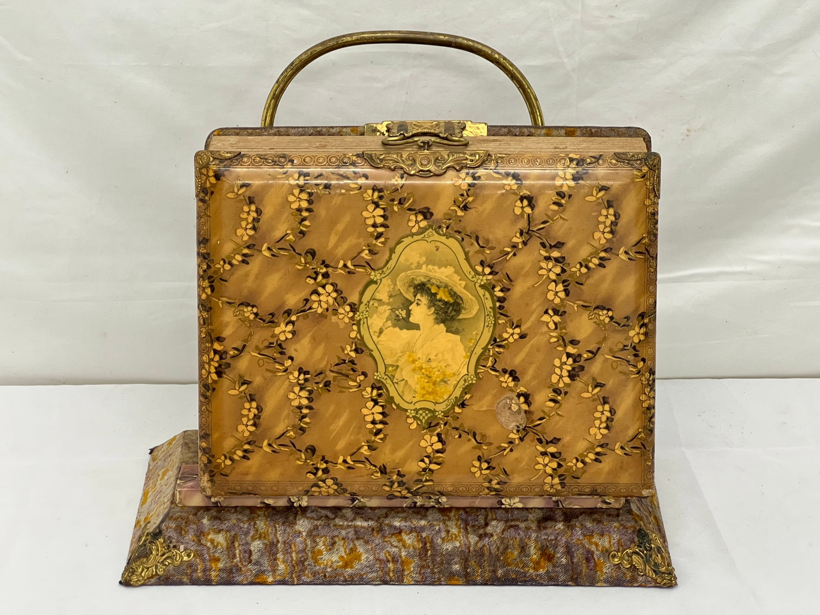 Victorian Photo Album on Original Stand - Celluloid with Material Back & Brass Detail - Stand 9'' x: Victorian Photo Album on Original Stand - Celluloid with Material Back & Brass Detail - Stand 9'' x 2.5'' x 12'' , Overall 14.5'' x 6'' x 12.5''