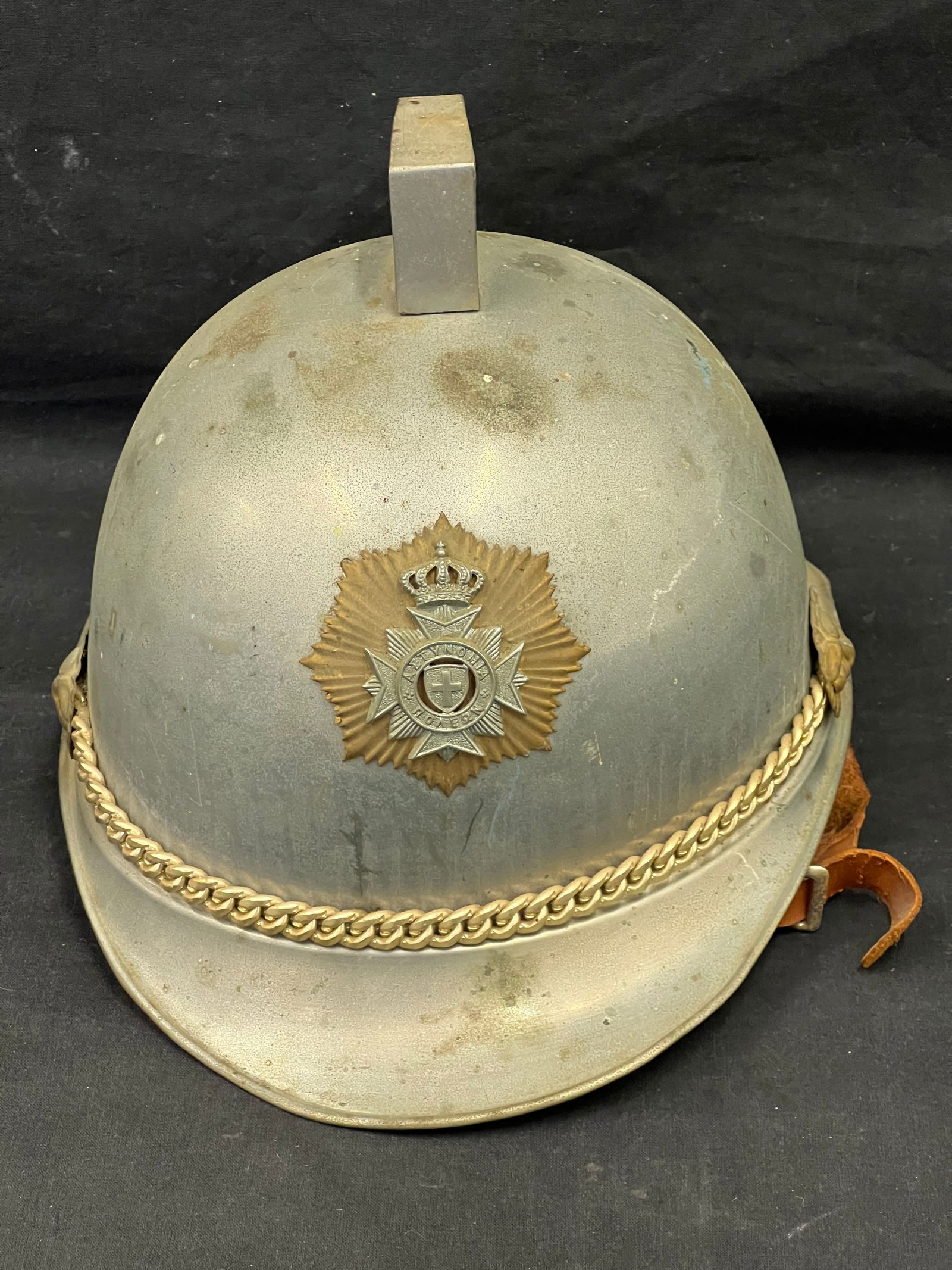 Vintage Greek Police Helmet with Emblem - Metal Helmet with Lion Chain Holder & Emblem: Vintage Greek Police Helmet with Emblem - Metal Helmet with Lion Chain Holder & Emblem
