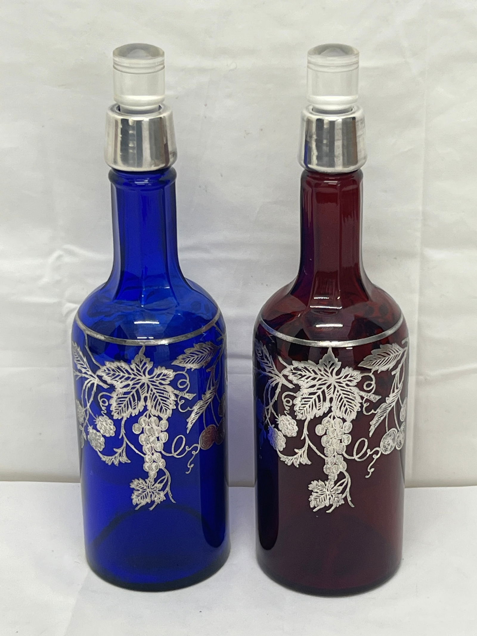 Pr Sterling Overlay Glass Wine Decanters 12''T - Sterling Overlay with Overlay Band - Colbalt Blue +: Pr Sterling Overlay Glass Wine Decanters 12''T - Sterling Overlay with Overlay Band - Colbalt Blue + Cranberry