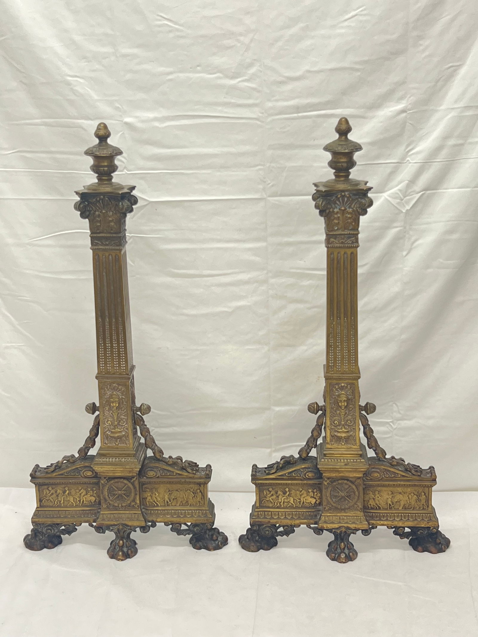 Antique Brass French Renaissance Revival Andirons 13'' x 26'': Antique Brass French Renaissance Revival Andirons 13'' x 26''