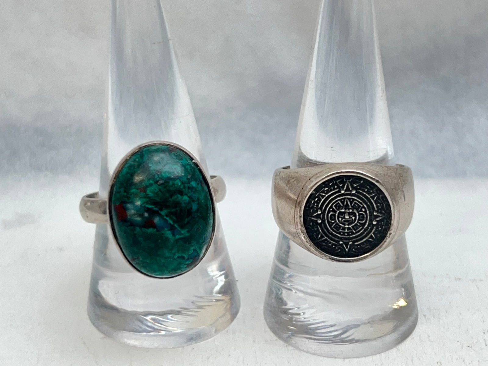 (2)Sterling Silver Rings - Aztec Calendar, Malachite - Sterling Silver Aztec Calendar Ring Sz 8 ,: (2)Sterling Silver Rings - Aztec Calendar, Malachite - Sterling Silver Aztec Calendar Ring Sz 8 , Sterling Silver Malachite Ring Sz 11.5