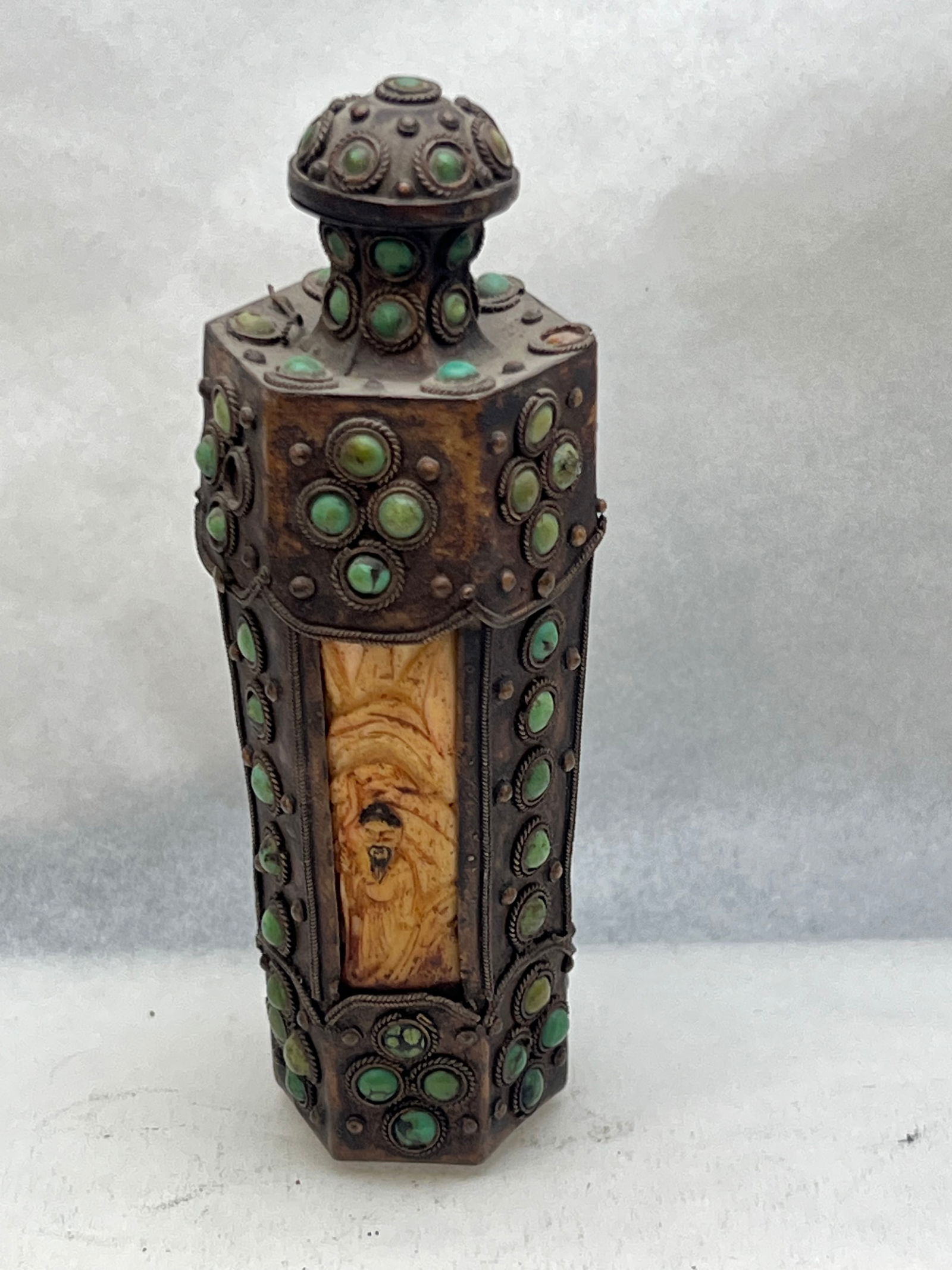 Antique Qing Dynasty Chinese Snuff Bottle - Carved Bone & Embellished with Stone: Antique Qing Dynasty Chinese Snuff Bottle - Carved Bone & Embellished with Stone