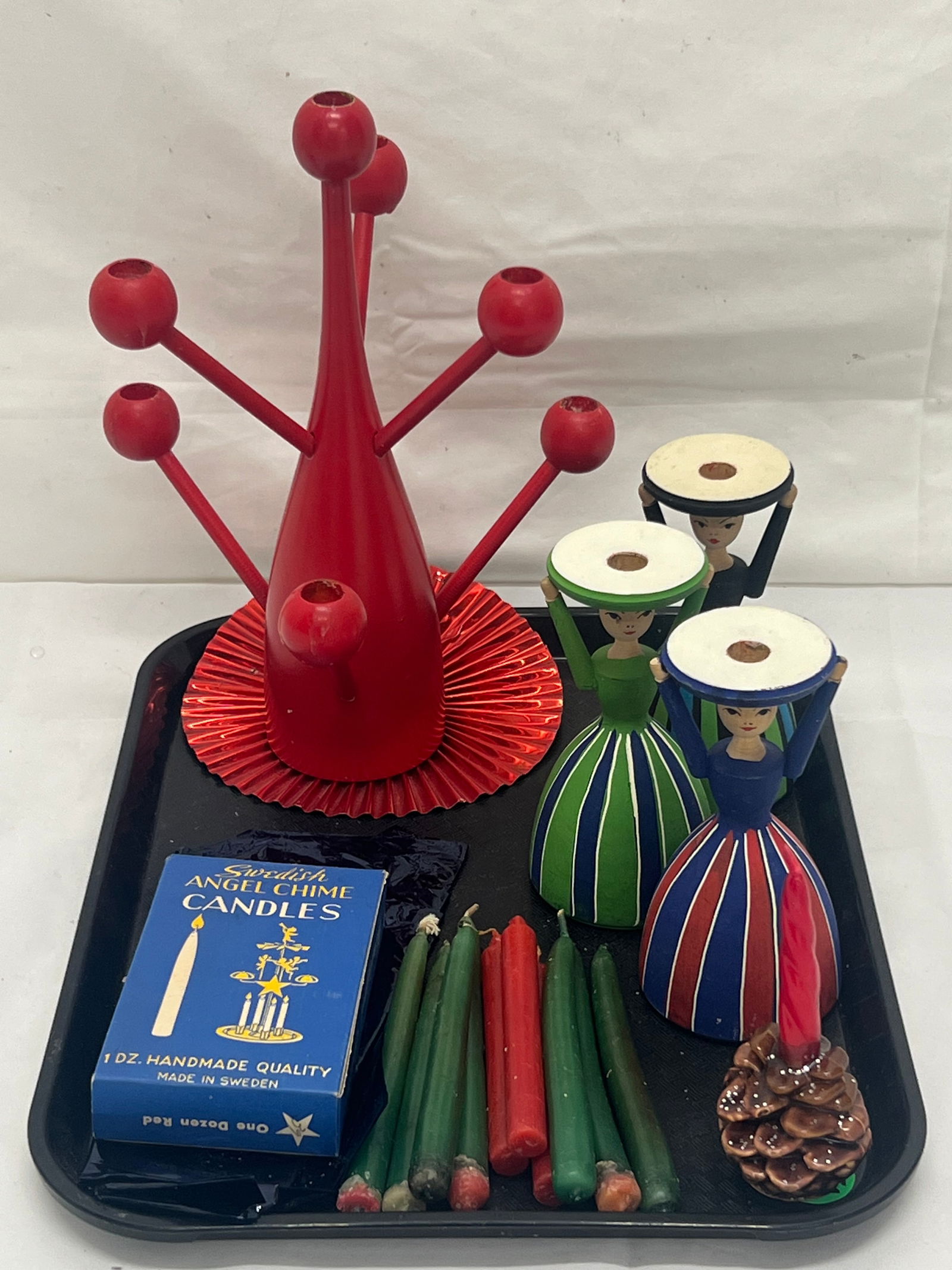 Swedish Hemslojden Wooden Candle Holders - (3)Figural 5''T , (1)Wooden 7 Arm Candle Holder 10''T + (1 of 6)