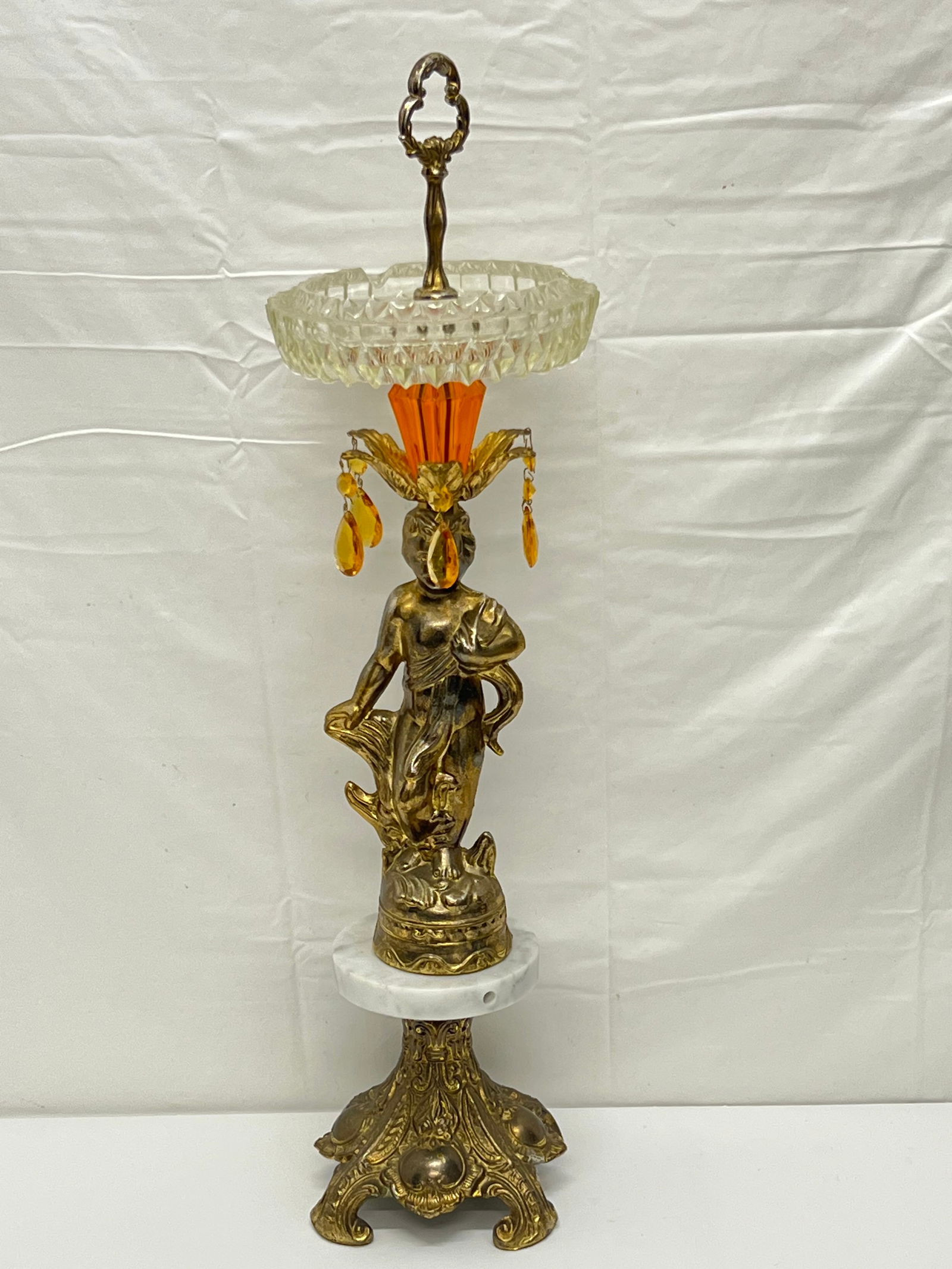 Brass Cherub Standing Ashtray w/ Amber Color Prisms - Amber Colored Accent w/ Cherub Base - (1 of 5)