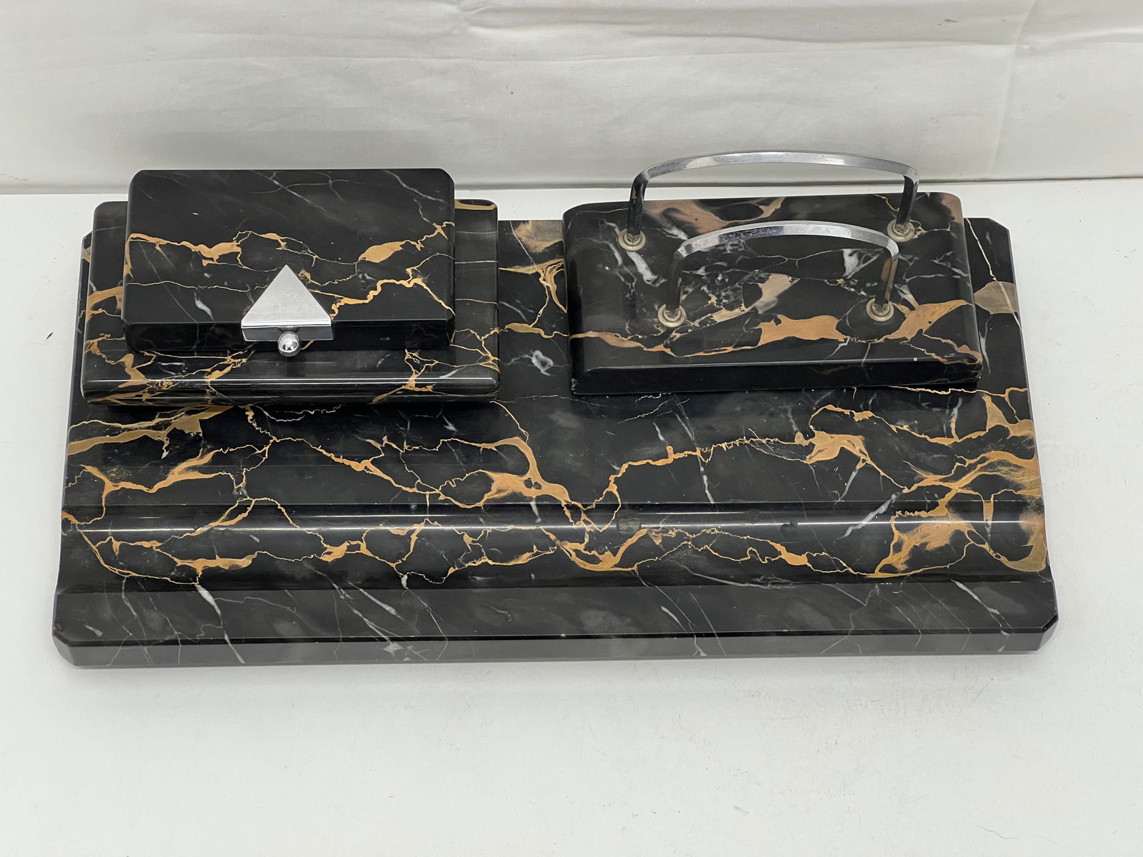 Art Deco Portoro Marble Desk Set - Inkwells Tray 7'' x 1'' x 14.25'' + Letter / Paper Holder 3'' x (1 of 4)