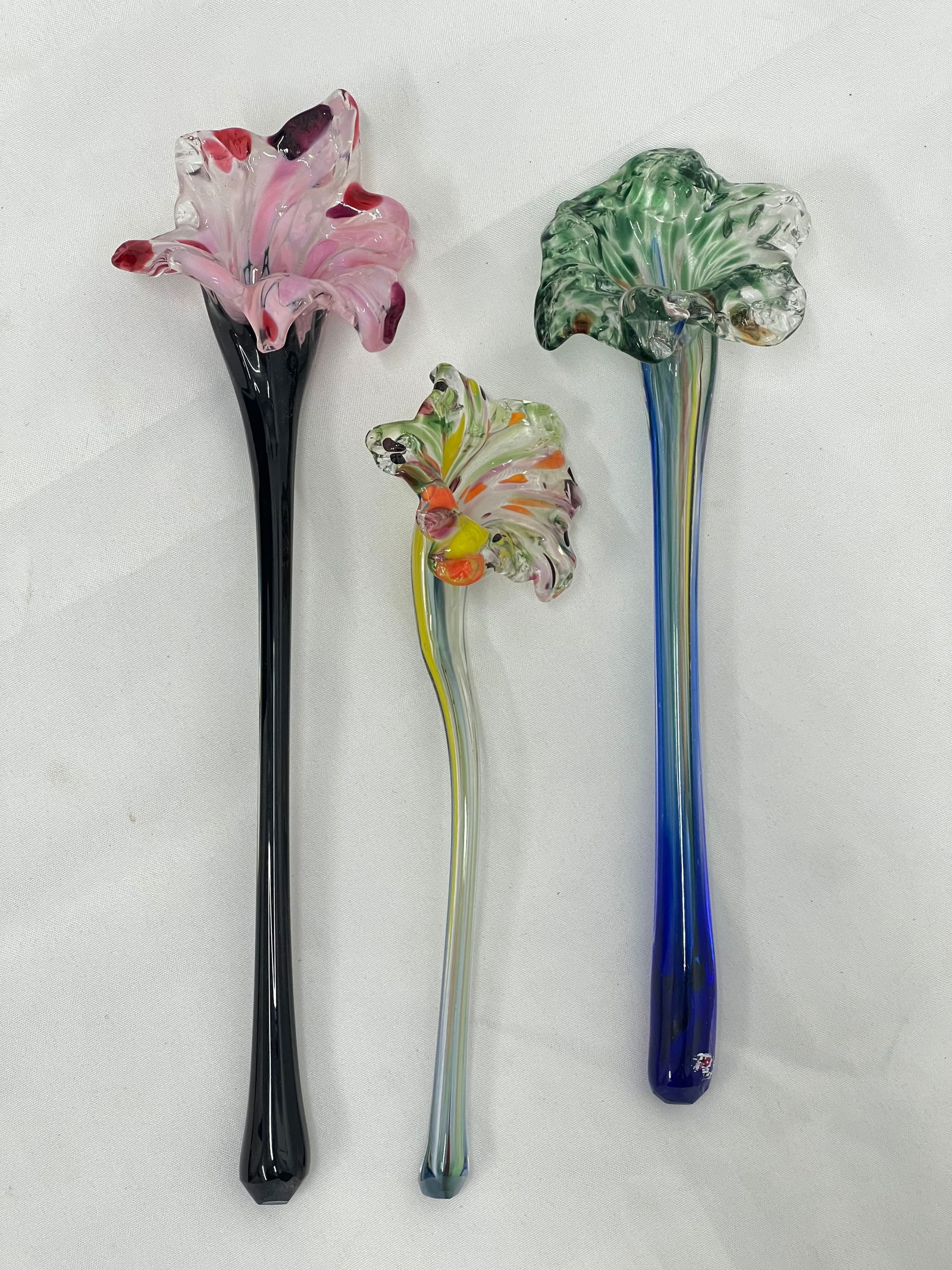 (3)Lundberg Studios Art Glass Flowers - (1)Signed, Asst Colors & Sizes 7.5''T , 9''T , 10''T