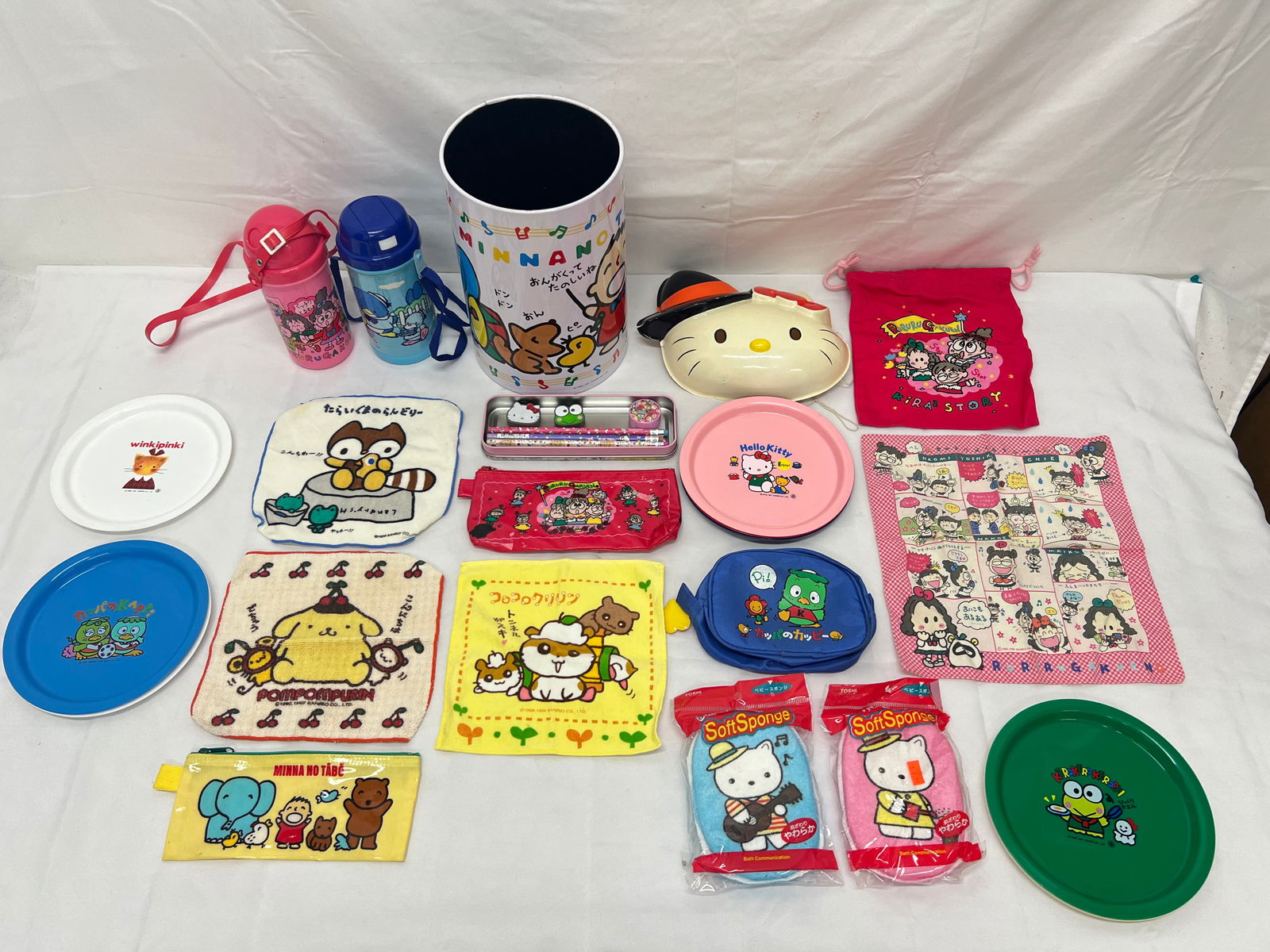 Vtg Sanrio, Rururugakuen Hello Kitty + More - (8)Plastic 1991 Plates, (2)Water Bottles, Trash Can, (1 of 7)
