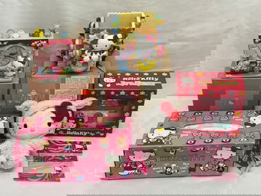 Vintage Sanrio Hello Kitty Items - Handpainted Fireplace Clock with Box, Tape Dispenser with Box,