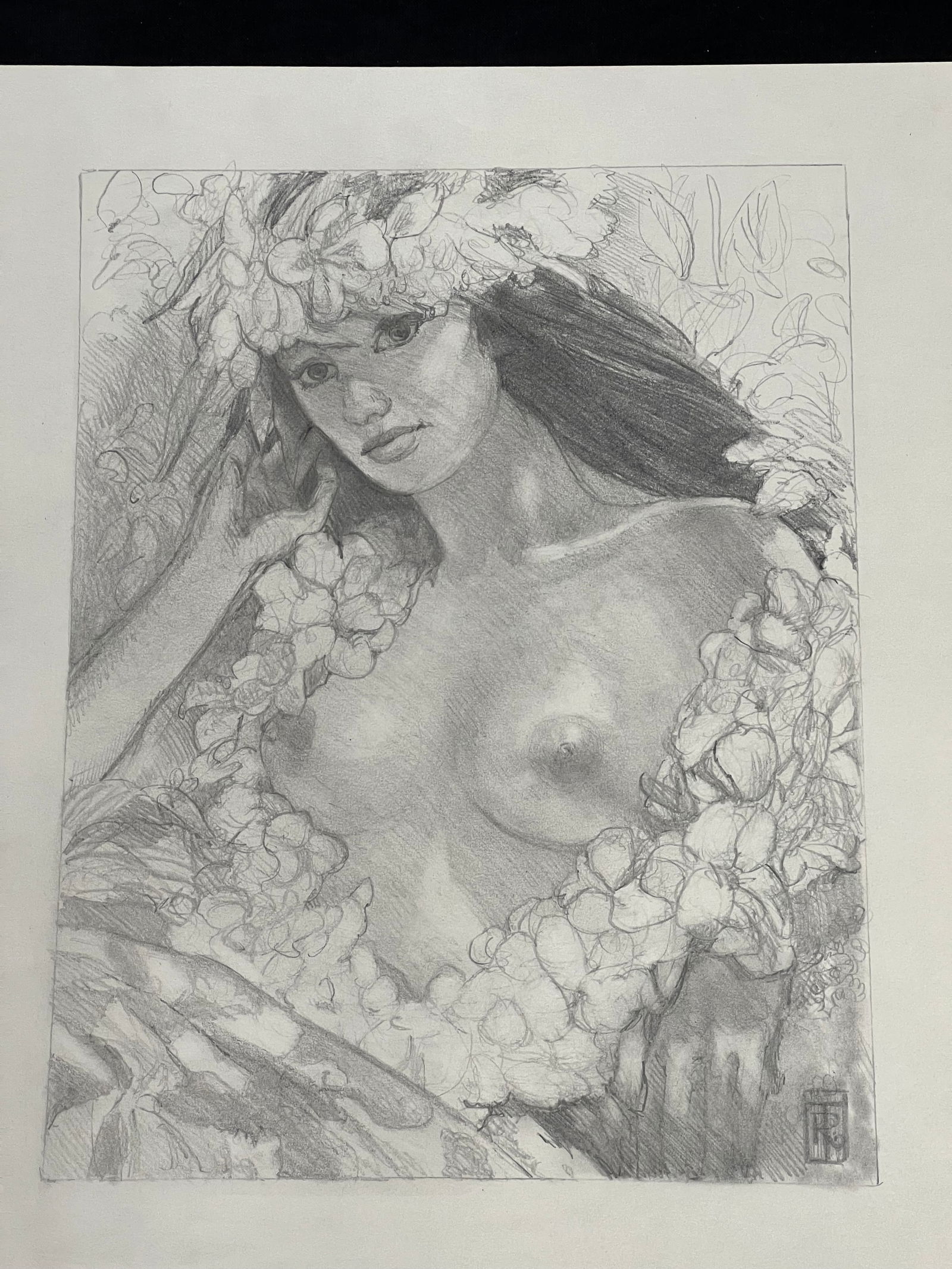 Russell Tripp(1924-2025)Pencil Portrait Hawaiian Lady - Pencil Drawing on Paper 12'' x 12.75'': Russell Tripp(1924-2025)Pencil Portrait Hawaiian Lady - Pencil Drawing on Paper 12'' x 12.75''