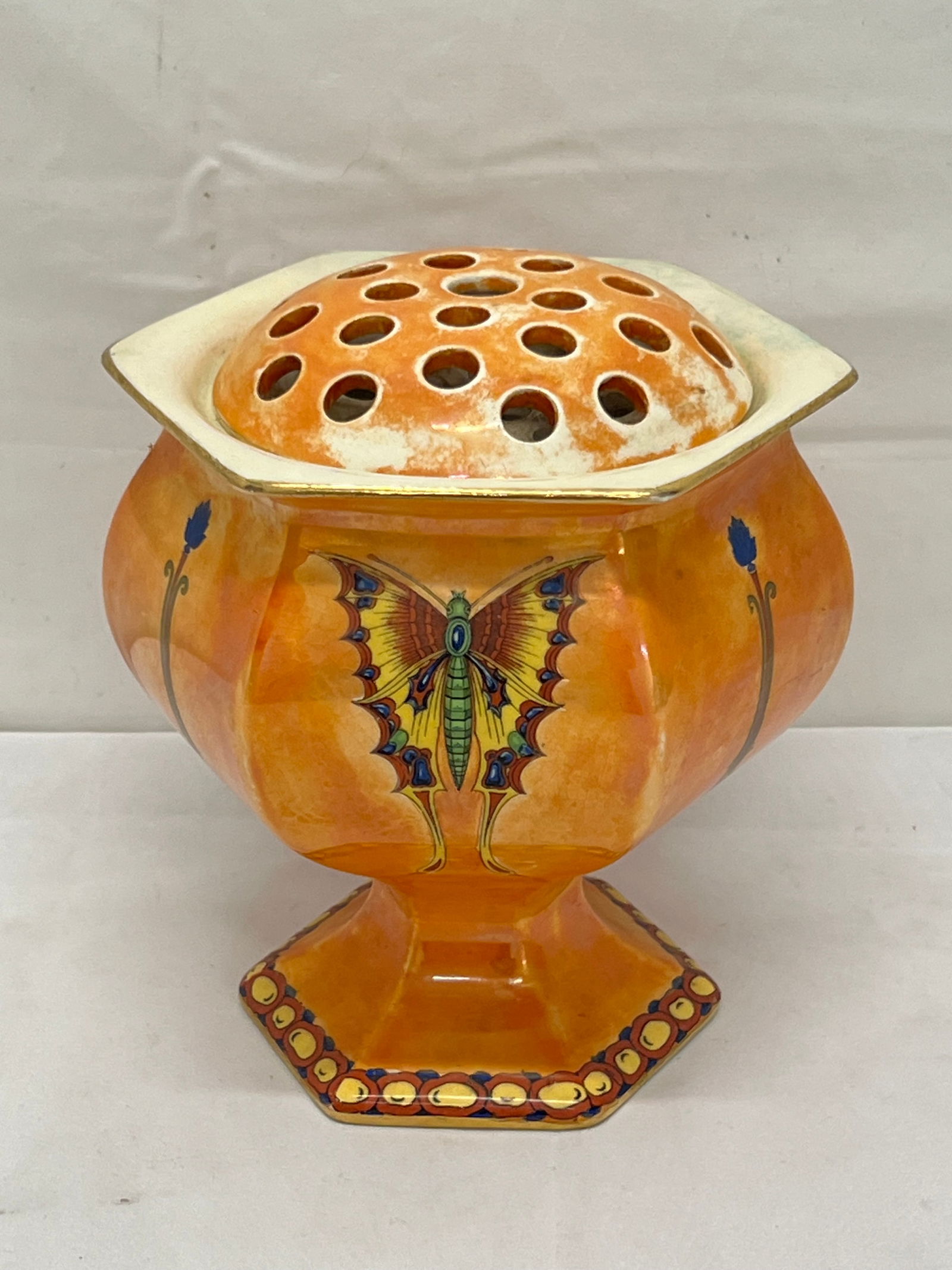 1920s Art Deco Crown Ducal English Vase with Butterfly -  Vase with Flower Frog Top - Lusterware (1 of 4)