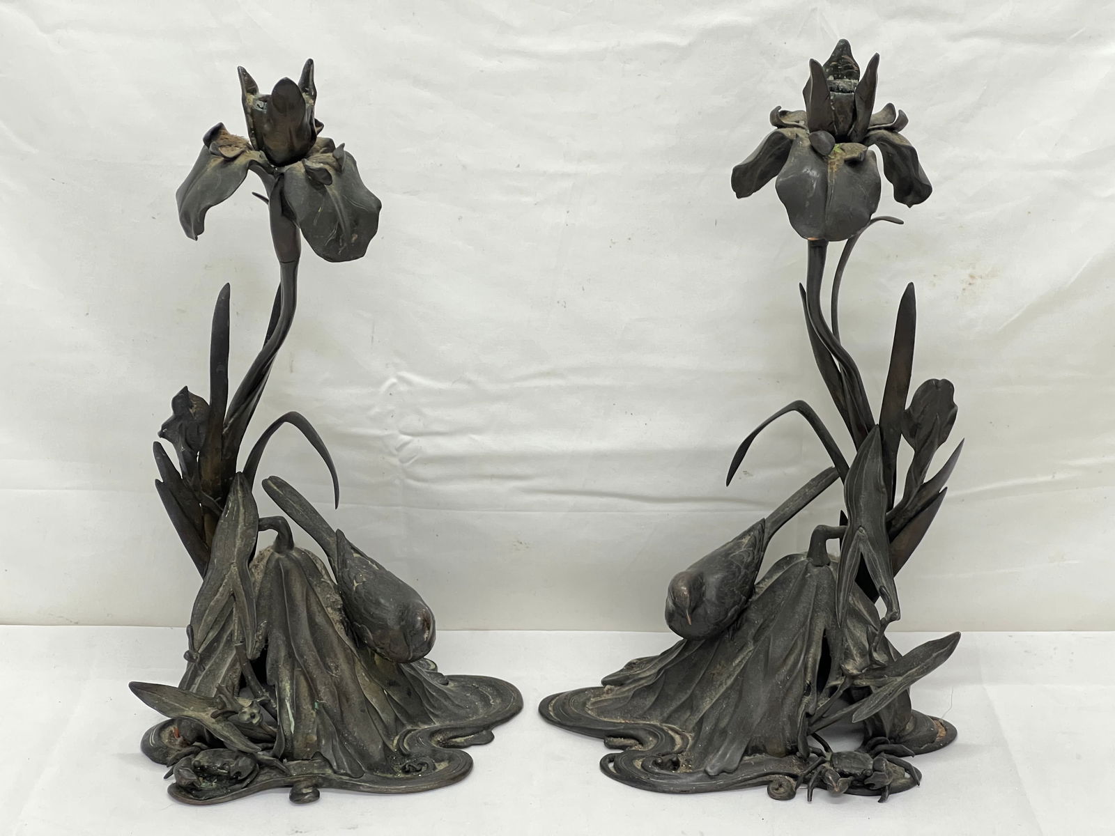 Pr Art Nouveau Bronze Iris Candlesticks 14''T -  Iris Flowers with Bird & Crab (1 of 6)