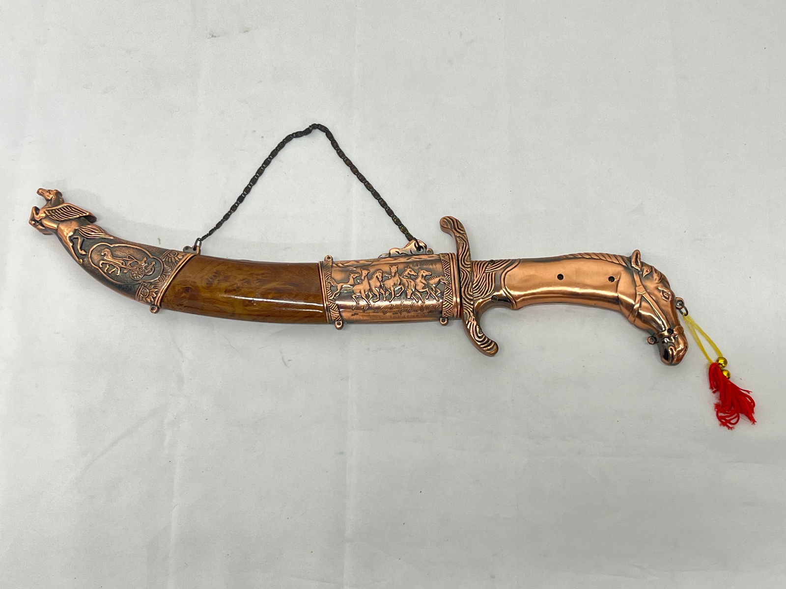 Copper Horse Head Knife with Horse Sheath -  Etched Blade with Horses 10''L , Overall 16.5''L (1 of 8)
