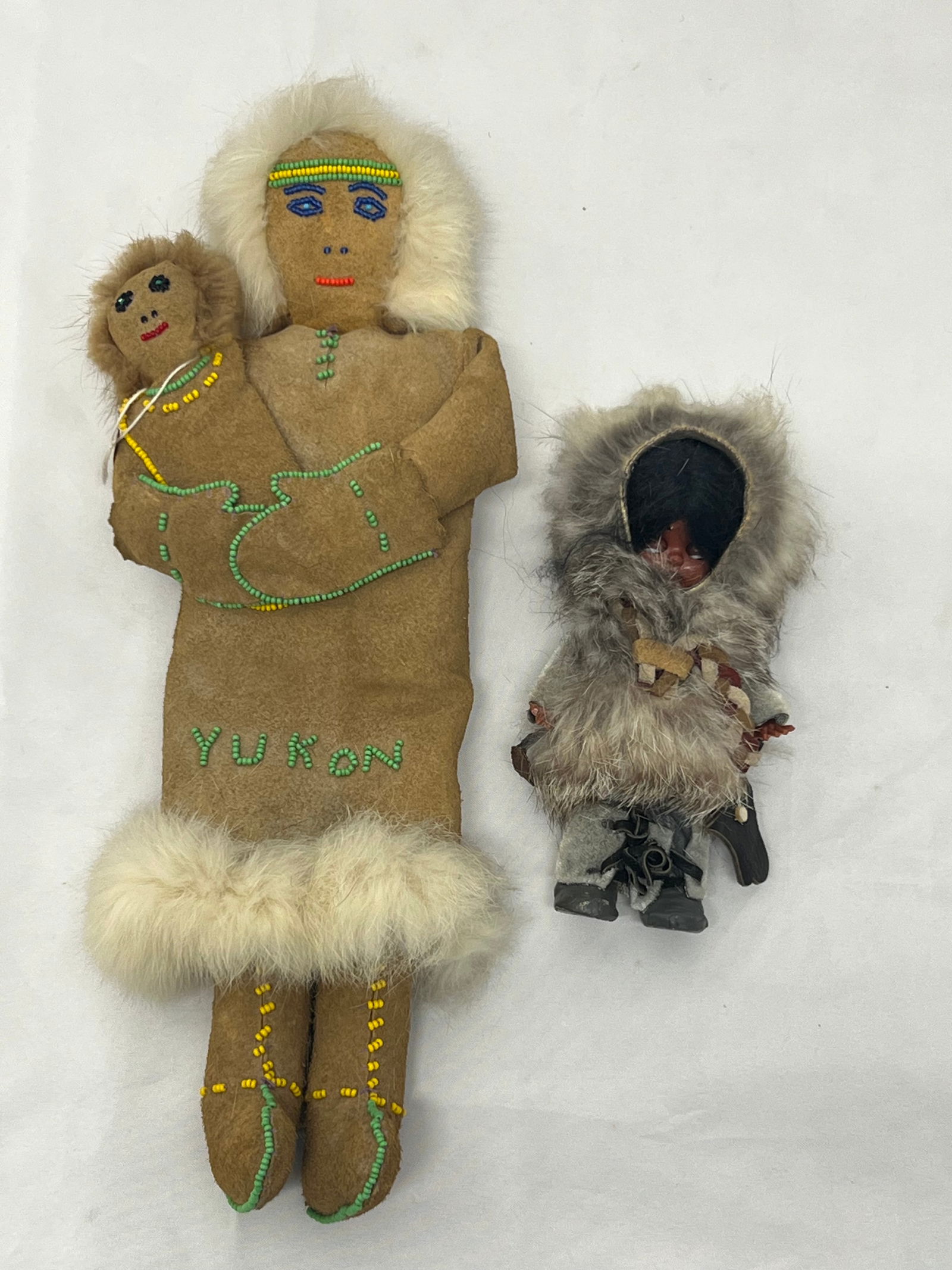 (2)Inuit Vintage Dolls - (1) has Beaded Leather & Fur Mother with Child 14'' , (1)with Fur & Sleepy (1 of 6)