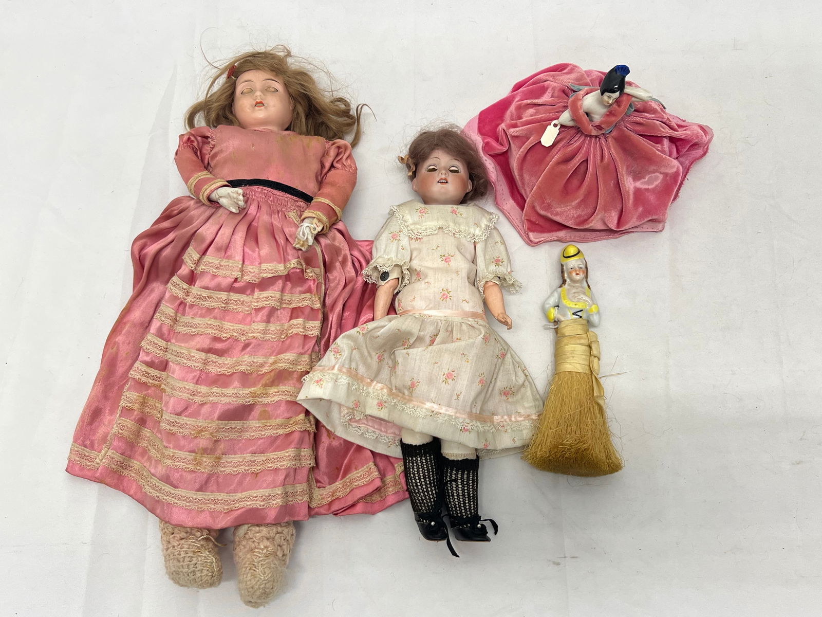 Antique Dolls- Armand Marseille, 1/2 Dolls - Armand Antique Sleepy Eye Bisque Doll 14''T, Composite: Antique Dolls- Armand Marseille, 1/2 Dolls - Armand Antique Sleepy Eye Bisque Doll 14''T, Composite Doll in Pink Sleepy Eyes 18''T, 1/2 Doll Pin Cushion & Sweeper
