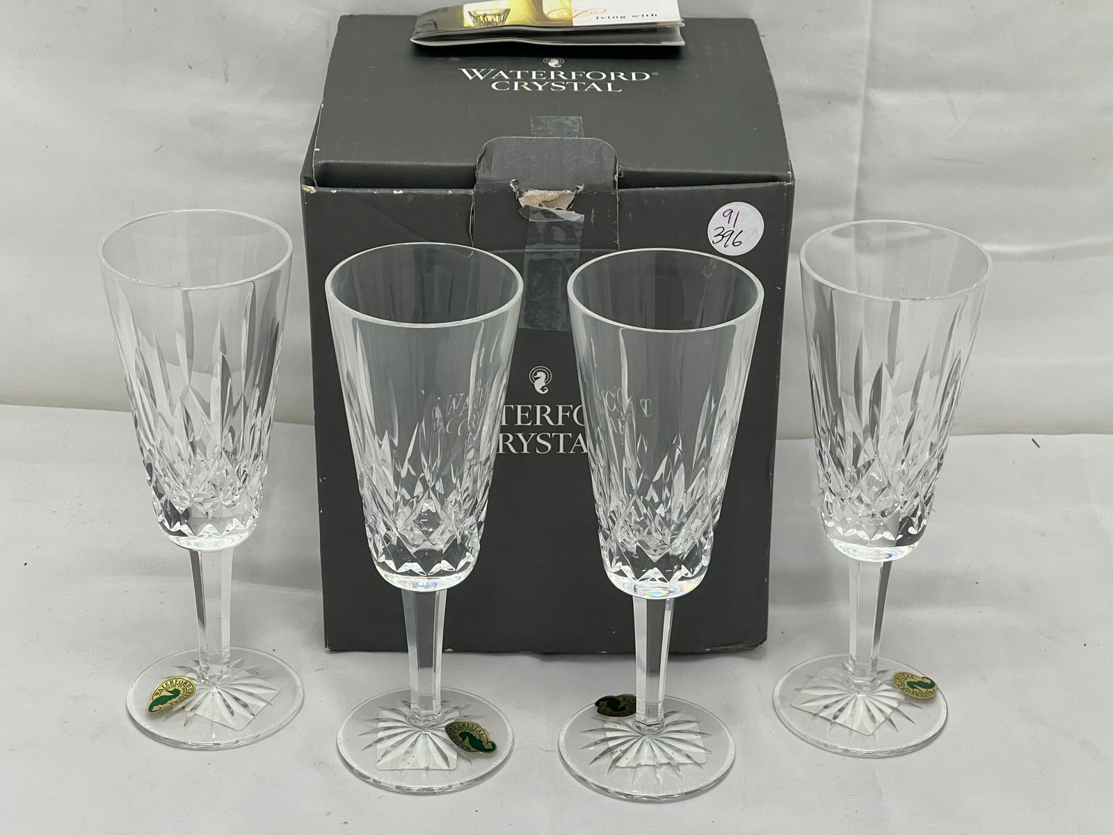 (4)Waterford Crystal Lismore Champagne Flutes 2.5'' x 7.5'' - New with Tags & Box: (4)Waterford Crystal Lismore Champagne Flutes 2.5'' x 7.5'' - New with Tags & Box