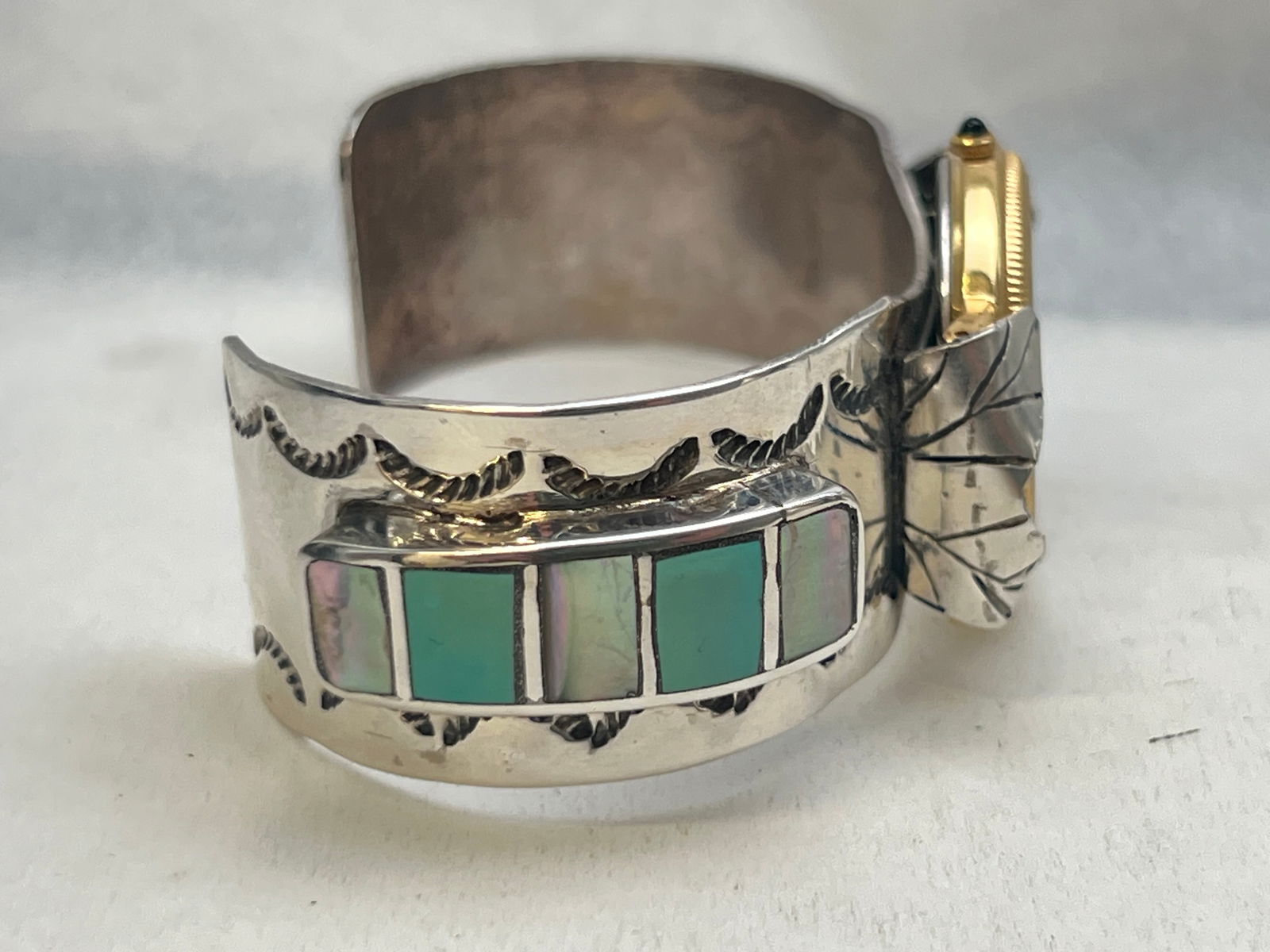 Sterling Native American Turquoise Watch Band - Etched Heavy Sterling Cuff Watch Band with Inlay: Sterling Native American Turquoise Watch Band - Etched Heavy Sterling Cuff Watch Band with Inlay Abalone Turquoise with Mickey Mouse Watch Face