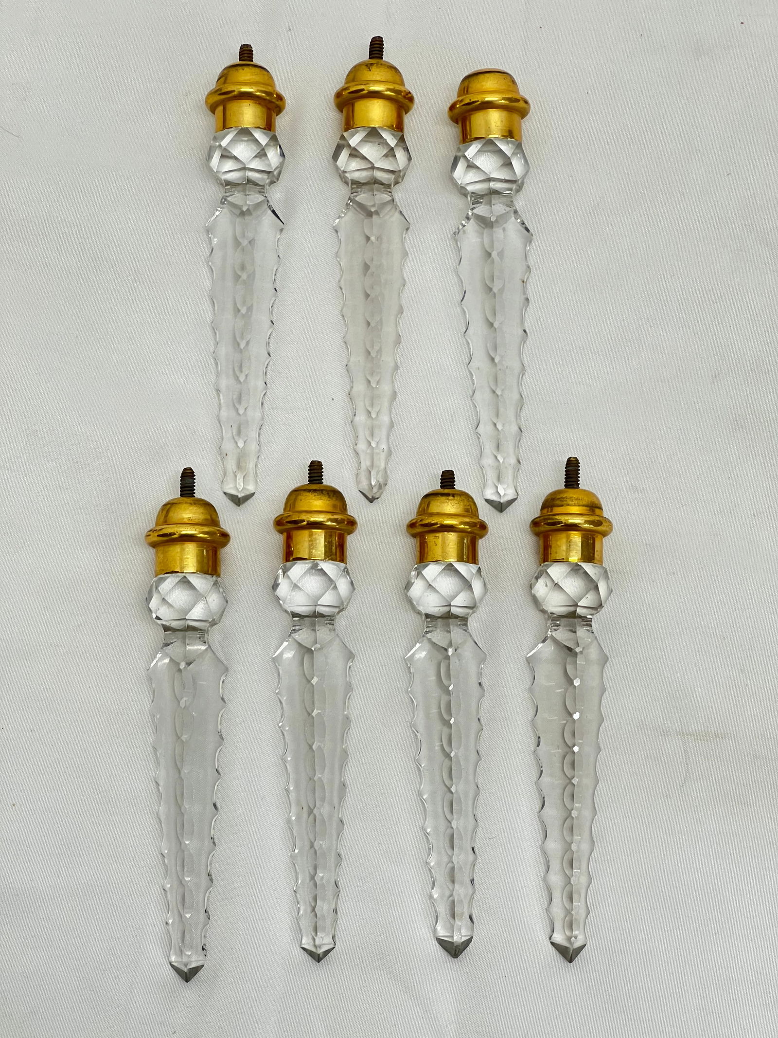 (7)Crystal Prisms with Brass Tops 5.25''L (See Photos for Condition): (7)Crystal Prisms with Brass Tops 5.25''L (See Photos for Condition)