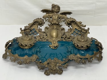 French Rococo Revival Style Bronze Desk Double Inkwell - Figural Floral Bronze 18'' x 13.5'' x