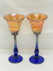 Pr Signed Rick Strini Art Glass Stemware - Iridescent Colbalt Goblets , 4'' x 9.25''T , 4'' x 9.5''T
