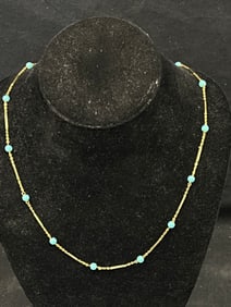 14K Gold Italian 29''L Necklace with Turquoise Beads - TW 9.33g, Hallmarked