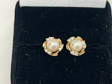 14K Gold Pearl Diamond Post Earrings 14K Backs, TW 3.1g