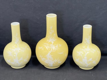 (3)Chinese Yellow Vases with Pate-sur-Pate Decor - 11''T, 12''T, 14''T