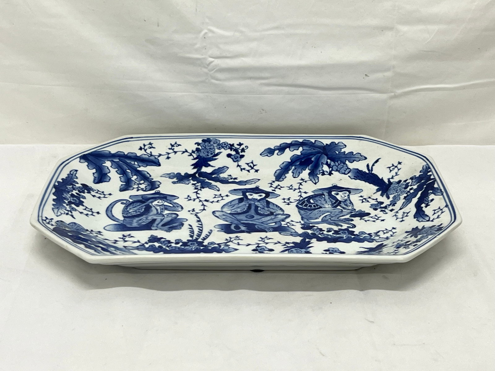 Blue White 3 Wise Monkeys Platter, 11'' x 16'' x 2'' Chinese Export: Blue White 3 Wise Monkeys Platter, 11'' x 16'' x 2'' Chinese Export