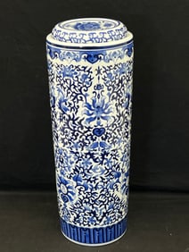 Chinese Blue White Porcelain Umbrella Vase/ Stand - Overall 9'' x 24'' with 8'' Top Piece
