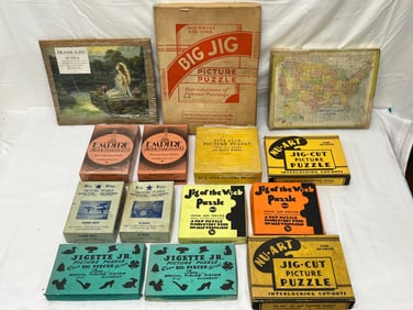 (14)1930s-50s Puzzles with Original Boxes - Frame A Jig, Jig of the Week, Big Star Picture, Empire,